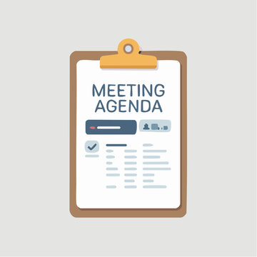 A clipboard with a meeting agenda document is displayed against a neutral background.