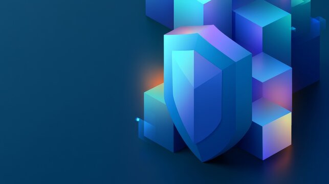 3D graphic design with a shield and colorful blocks in a digital space