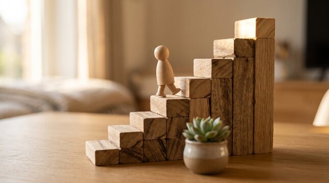 Small wooden figurine climbing tall staircase built from blocks with desk plant symbolising steady progress and personal development on wooden surface in sunlit home office interior workspace.