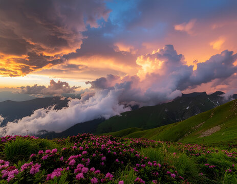 A breathtaking panoramic view showcases a vibrant sunset over rolling green mountains shrouded in mist, with a foreground of blooming rhododendron flowers.