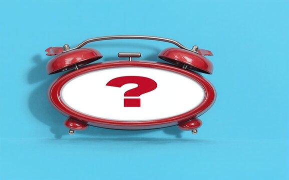 Red alarm clock with question mark face on bright blue background.