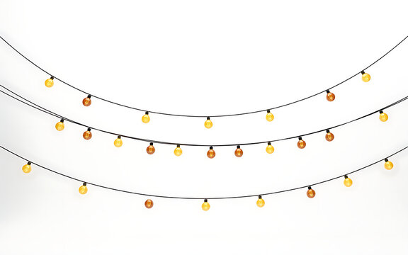 Three rows of glowing yellow string lights hanging against a plain white background for festive holiday decoration