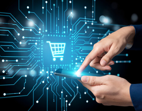 A person uses a smartphone to interact with a digital shopping cart superimposed over a complex circuit board background, symbolizing modern e-commerce and technological integration.