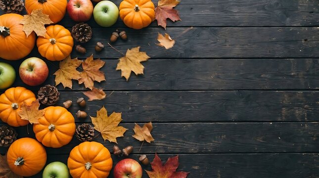 Pumpkins apples and autumn leaves on dark wooden background