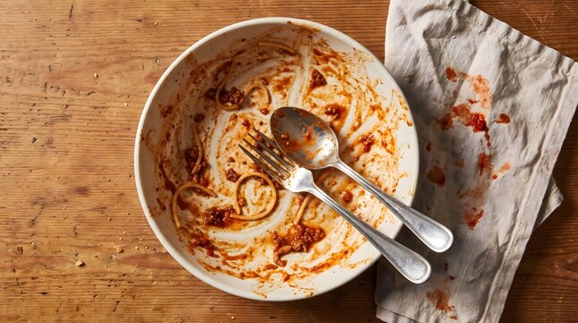 Flat Lay Food Photography of a Messy, Finished Pasta Dish on a Wooden Table