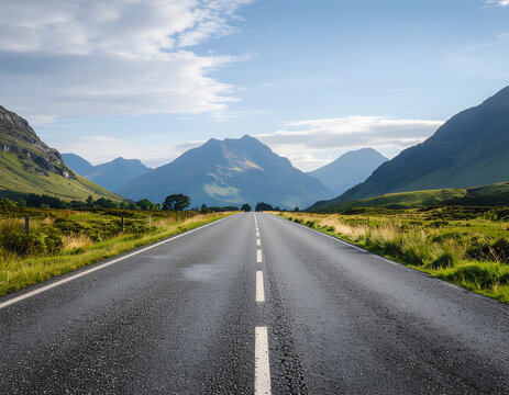 A straight, paved road stretches into the distance, framed by lush green hills and towering, majestic mountains under a partly cloudy sky.