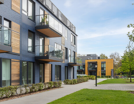 A modern residential complex with blue and wood-paneled facades stands amidst a well-manicured landscape, showcasing contemporary architecture and urban living.