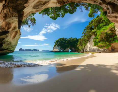 A breathtaking view of a secluded beach framed by a natural rock archway, showcasing turquoise waters and lush greenery under a clear blue sky.