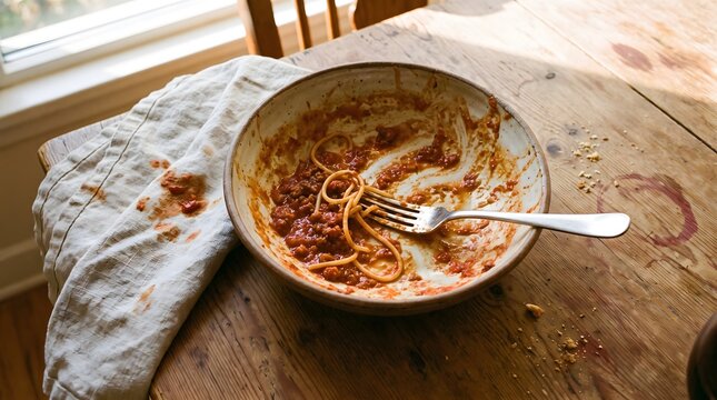 Authentic Overhead Shot of an Empty Spaghetti Bolognese Bowl After a Meal