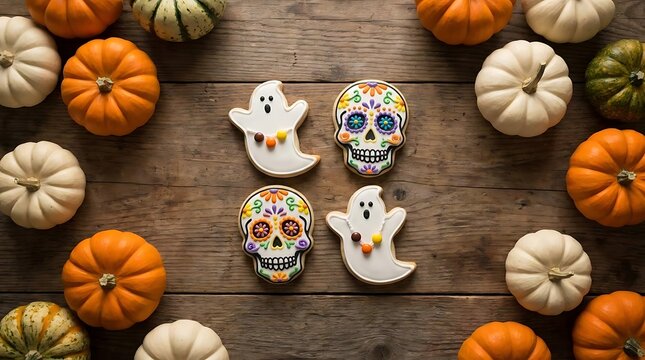 Halloween and sugar skull cookies with pumpkins