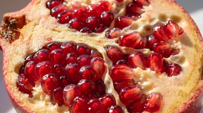 Extreme Close-Up of a Halved Pomegranate with Juicy Red Arils