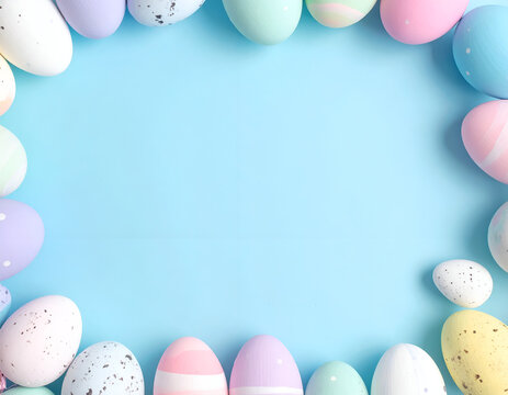 Pastel Easter Eggs Border on Light Blue Background.
