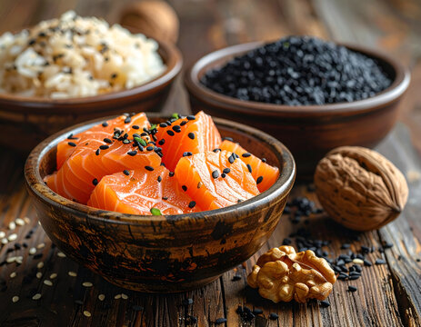Fresh Salmon Fillets with Black Sesame Seeds and Healthy Grains.