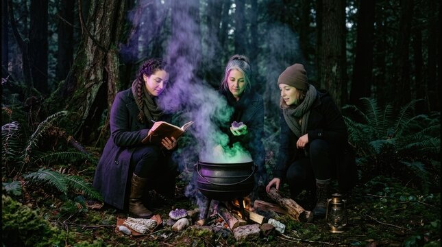 Three women performing mystical magic ritual around smoking cauldron in dark moonlit forest at night