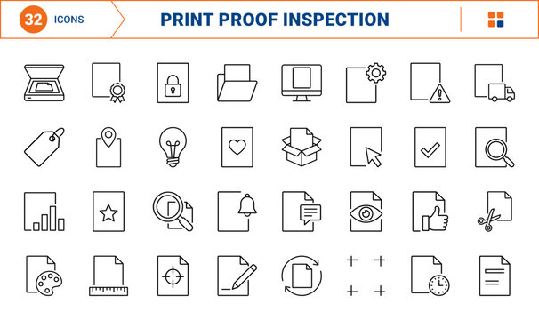 Print Proof Sheet Proof Checking Web Icon Set in Linear Style. Collection of print inspection line icons, including proof check, color swatch, registration mark, crop mark, approval seal and more.