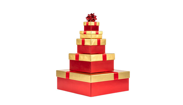 A Christmas tree silhouette formed from wrapped gift boxes stacked in decreasing sizes from bottom to top, gold and red wrapping tones, a small bow at the peak, isolated on transparent background, PNG