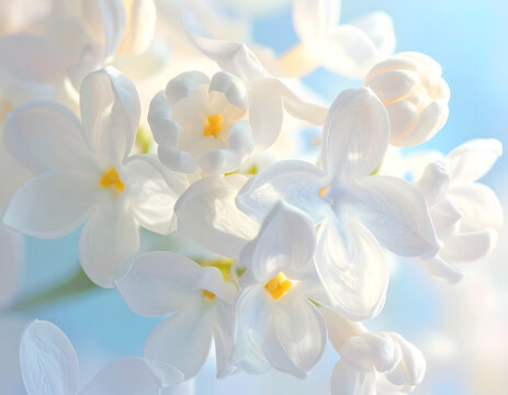 Close-up of delicate white lilac flowers with soft blue sky background.