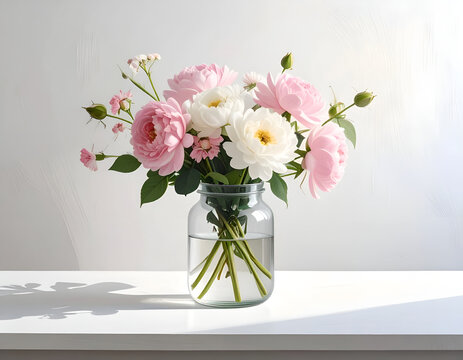 Beautiful Pink and White Flowers in a Glass Vase on a White Table.