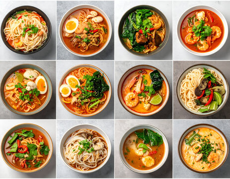 Collage of Delicious Asian Noodle Soups and Ramen Bowls.