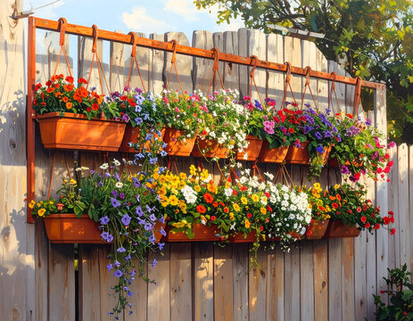 Beautiful Vertical Garden Display with Colorful Flowers on Wooden Fence.