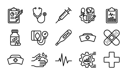 Fototapeta premium Medical and healthcare icons for doctor, nurse, and patient care. Outline and solid styles for UI and web interface.