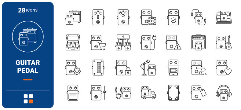 Guitar Pedal Tone Web Icon Set in Linear Style. Collection of tone shaping line icons, including effects pedal, patch cable, pedalboard, signal amplifier, audio wave, power supply and more.