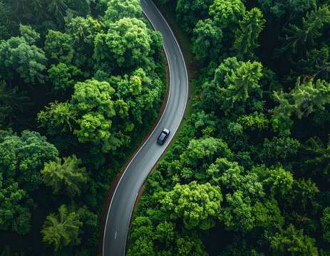 Aerial View of a Car Driving on a Winding Road Through a Lush Green Forest.