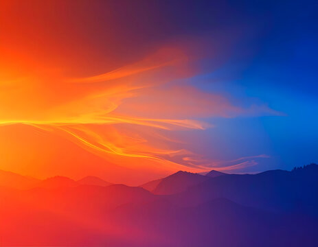 Vibrant Abstract Landscape with Fiery Sunset and Deep Blue Sky.