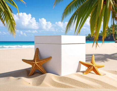 Tropical Beach Paradise with White Box and Starfish.
