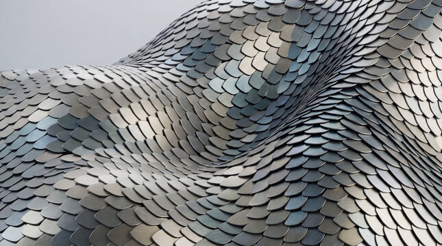 Brushed 3D steel scales rippling across a surface