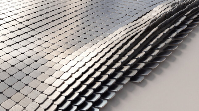 Rectangular 3D metal tiles rippling into jagged scales