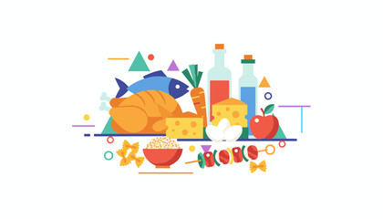 Fototapeta premium Variety of healthy foods including chicken, fish, cheese, and vegetables are beautifully arranged on a plate.