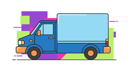 Fototapeta premium Blue delivery truck vehicle driving fast against a colorful purple, pink, and green geometric background.