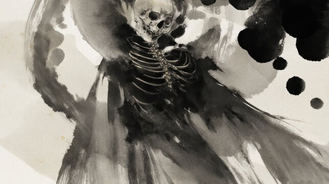 Abstract ink painting depicting skeletal figure in dynamic composition