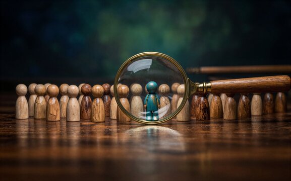 Magnifying glass highlights one blue wooden figure among many identical ones.