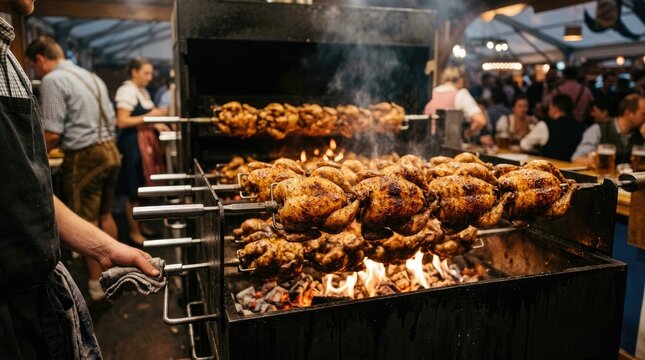 Golden brown whole chickens roasting on rotisserie spit over open fire at traditional beer festival tent