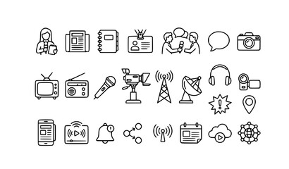 Fototapeta premium Live News and Broadcasting Line Icon Collection with TV Radio Journalism Streaming and Communication