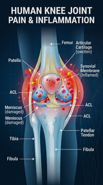Animaci&oacute;n m&eacute;dica hiperrealista de la articulaci&oacute;n de la rodilla humana mostrando dolor, inflamaci&oacute;n y procesos internos relacionados con lesiones y trastornos articulares.