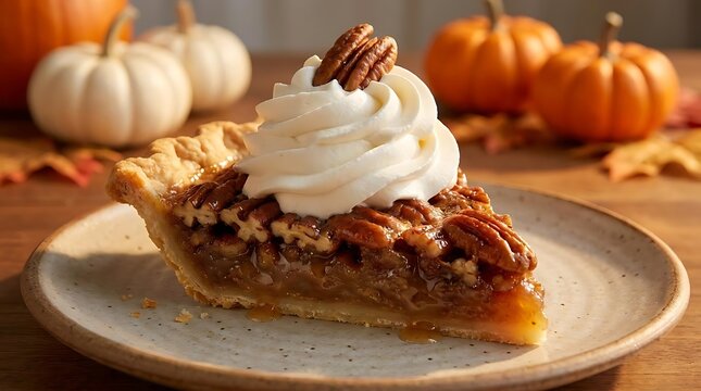 Pecan pie slice with whipped cream and pumpkins