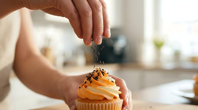 Person decorating cupcake with chocolate sprinkles