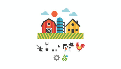 Fototapeta premium Agriculture concept vector illustration showcases red barn, blue silo, yellow farmhouse, crops, and farm animal icons.