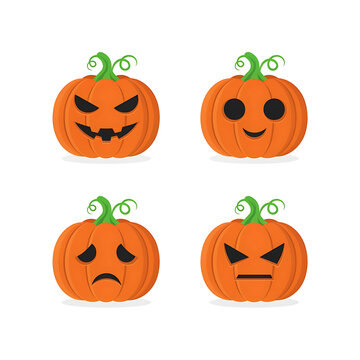 Set of four cute cartoon pumpkins with different facial expressions for halloween decoration and autumn holiday design projects
