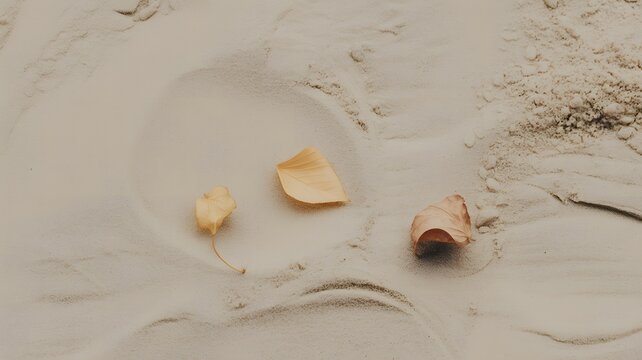 Small pieces of broken seashells and debris scattered on the wet sand of a tranquil beach