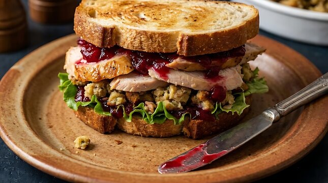 Turkey sandwich with cranberry sauce and stuffing