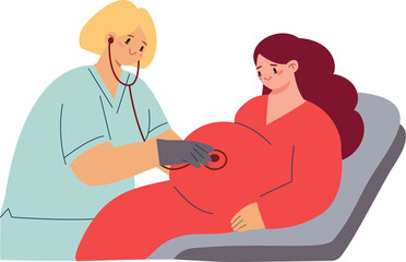 Pregnant woman in red dress sitting for ultrasound examination with healthcare provider in light blue medical uniform using ultrasound scanner. Medical professional performing prenatal checkup and fet