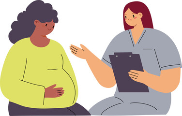 Fototapeta premium Pregnant woman in lime-green maternity top consulting with healthcare provider in light blue uniform holding clipboard for medical records and pregnancy assessment. Expectant mother receiving prenatal