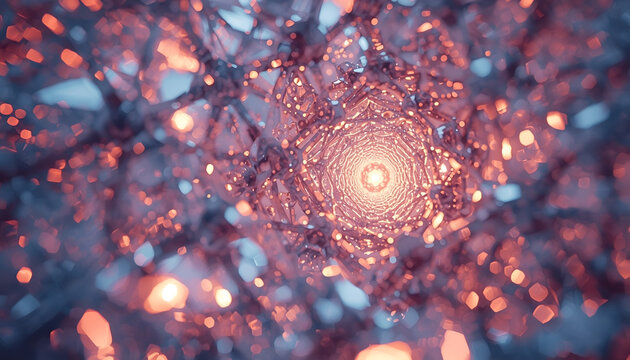 Network nodes create a glowing geometric web structure focused on a bright central light source.