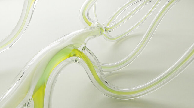 Curved 3D glass veins glowing green and yellow