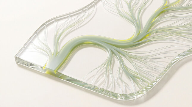 Rooted 3D glass branches on a translucent sheet