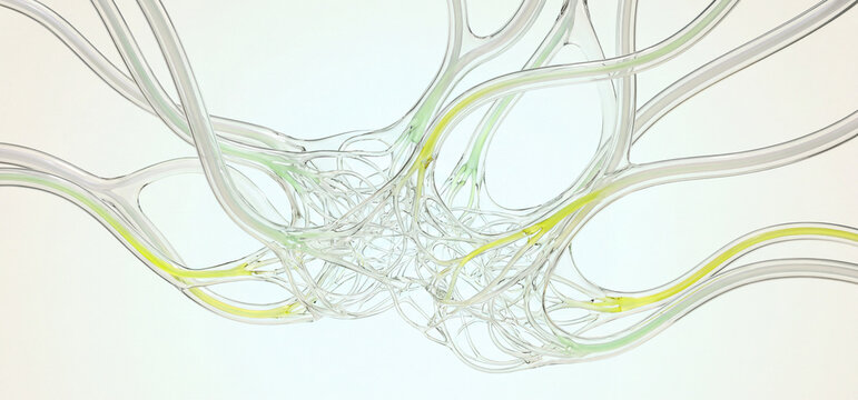 Tangled 3D glass network converging into a dense node